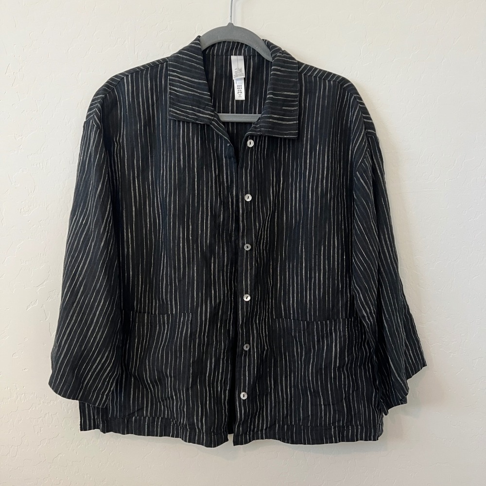 MARLA WYNNE Black Pinstripe Linen Button Up Shirt Jacket Women's Size S‎